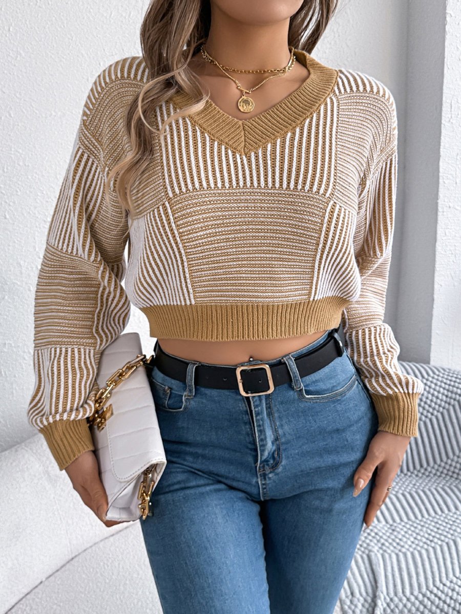 Striped V - Neck Long Sleeve Sweater - S. M. & Co.