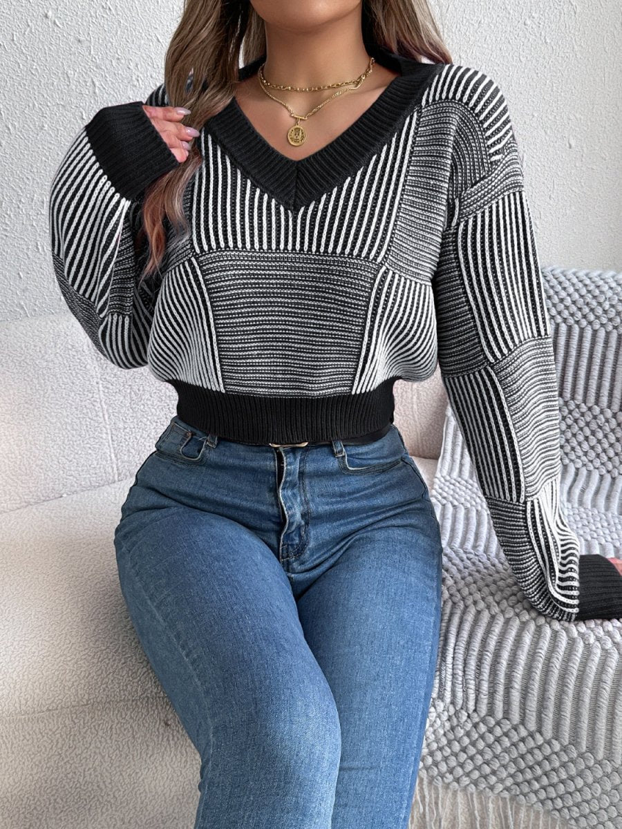 Striped V - Neck Long Sleeve Sweater - S. M. & Co.