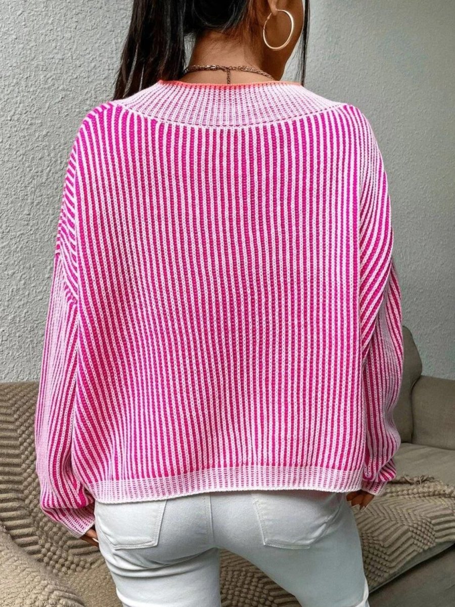 Striped V - Neck Long Sleeve Sweater - S. M. & Co.