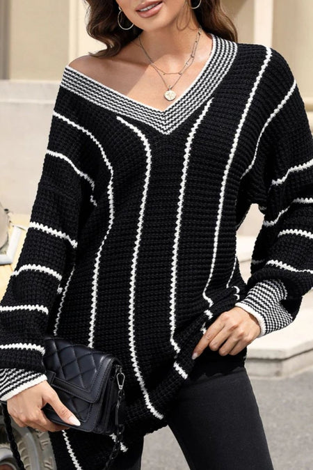 Striped V - Neck Long Sleeve Sweater - S. M. & Co.