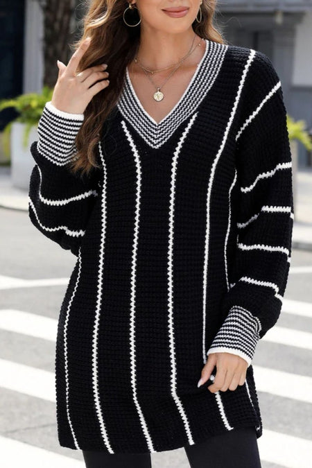 Striped V - Neck Long Sleeve Sweater - S. M. & Co.