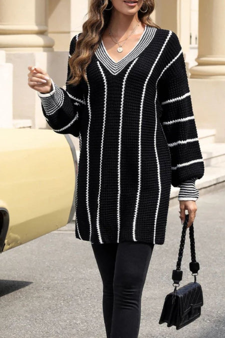 Striped V - Neck Long Sleeve Sweater - S. M. & Co.