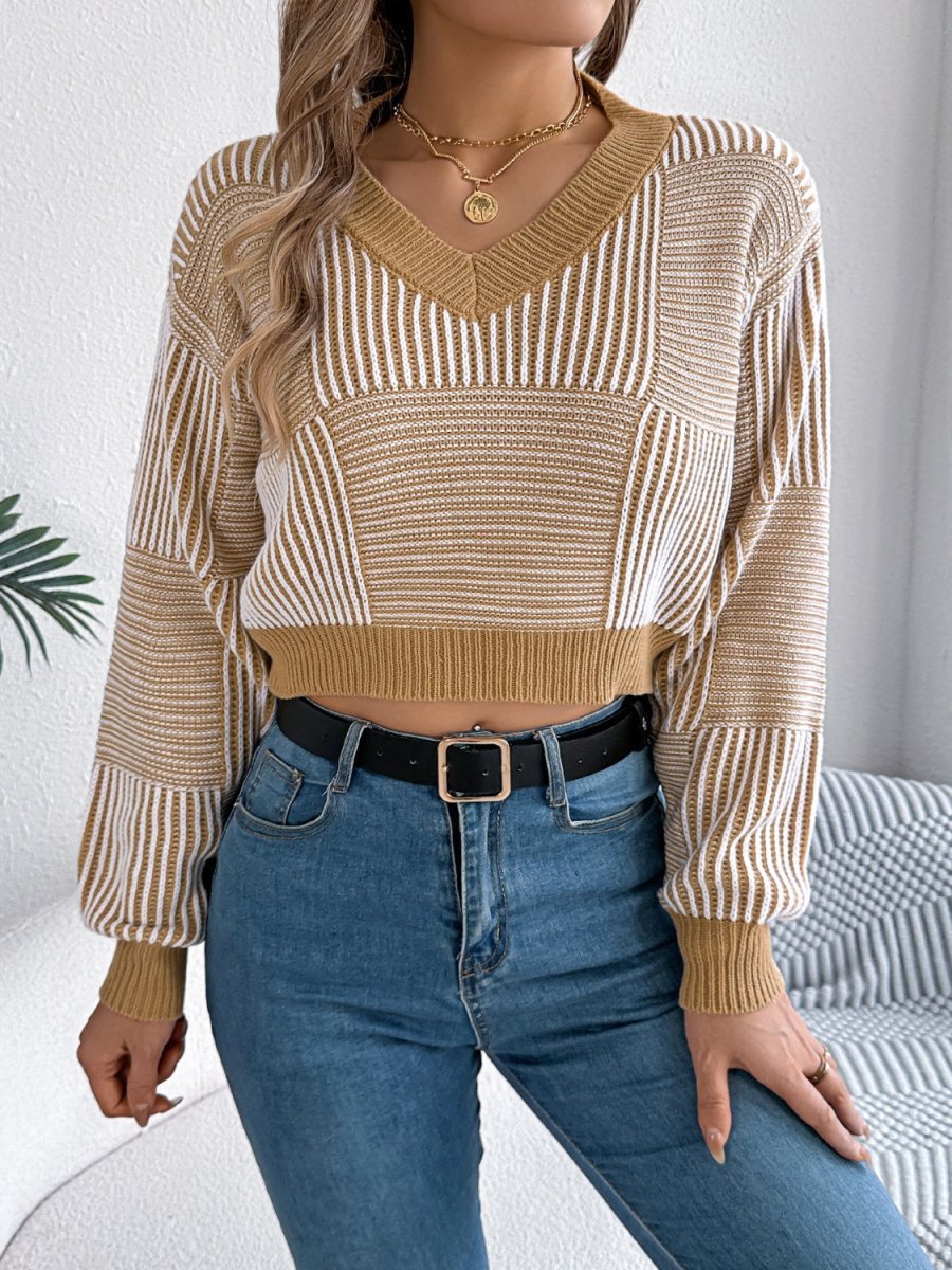 Striped V - Neck Long Sleeve Sweater - S. M. & Co.