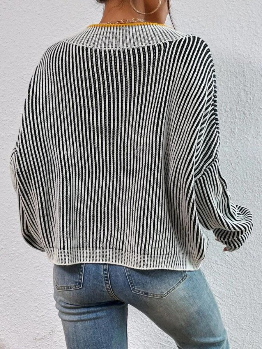 Striped V - Neck Long Sleeve Sweater - S. M. & Co.