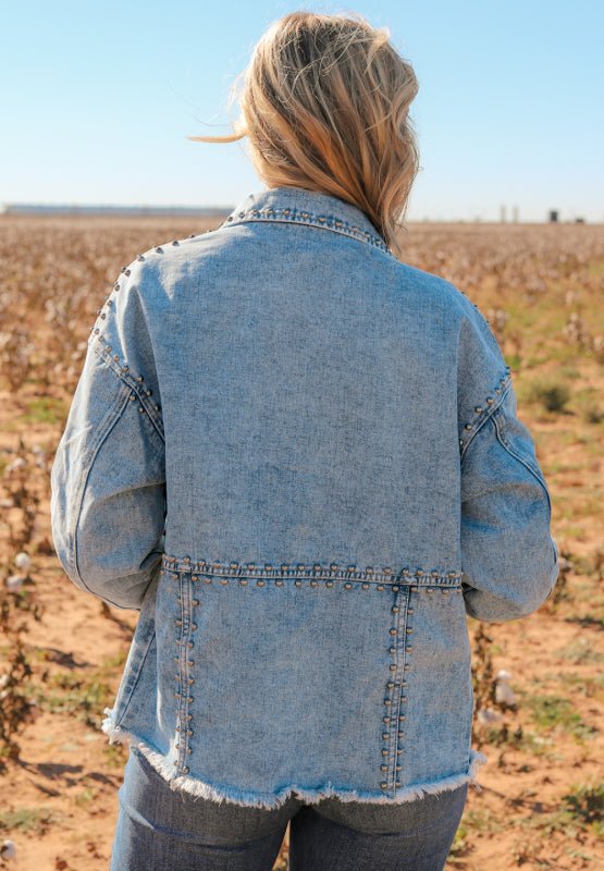 Studded Acid Wash Long Sleeve Denim Jacket - S. M. & Co.