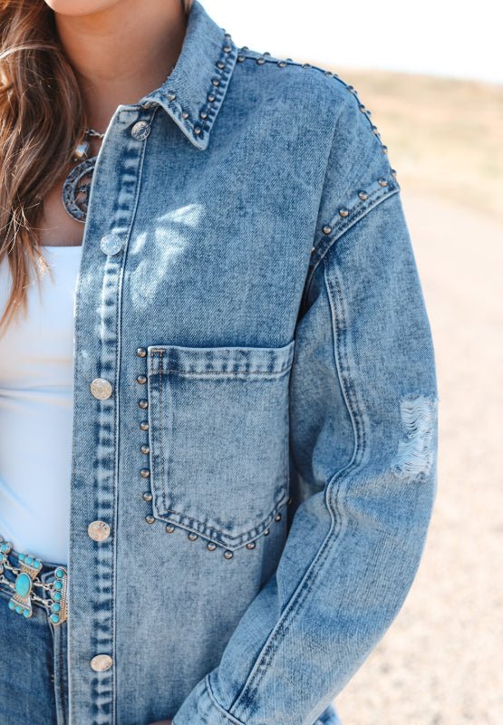 Studded Acid Wash Long Sleeve Denim Jacket - S. M. & Co.