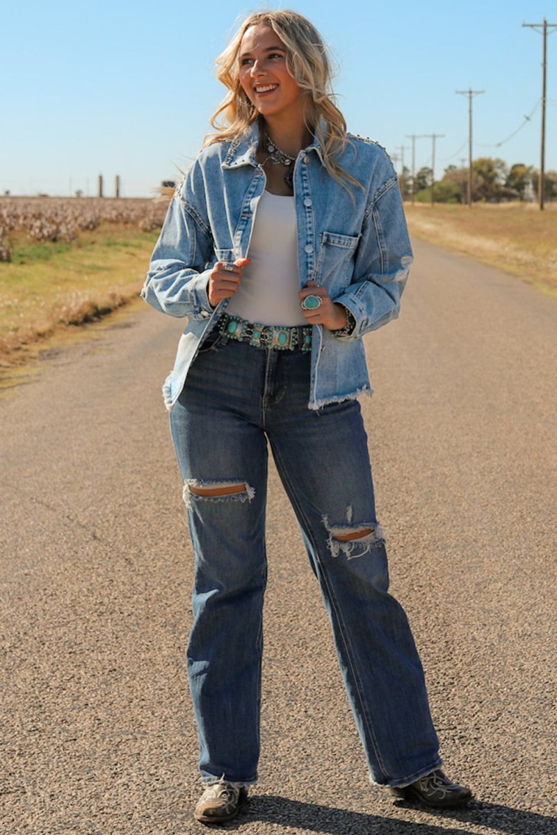 Studded Acid Wash Long Sleeve Denim Jacket - S. M. & Co.