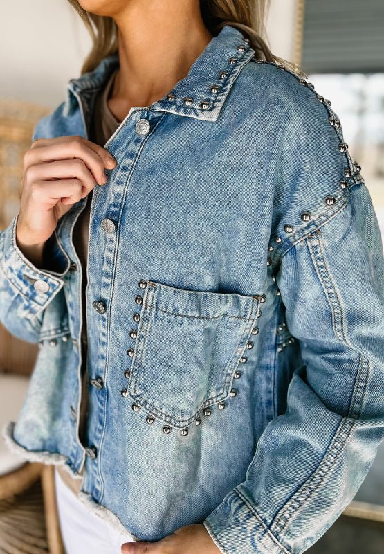 Studded Acid Wash Long Sleeve Denim Jacket - S. M. & Co.