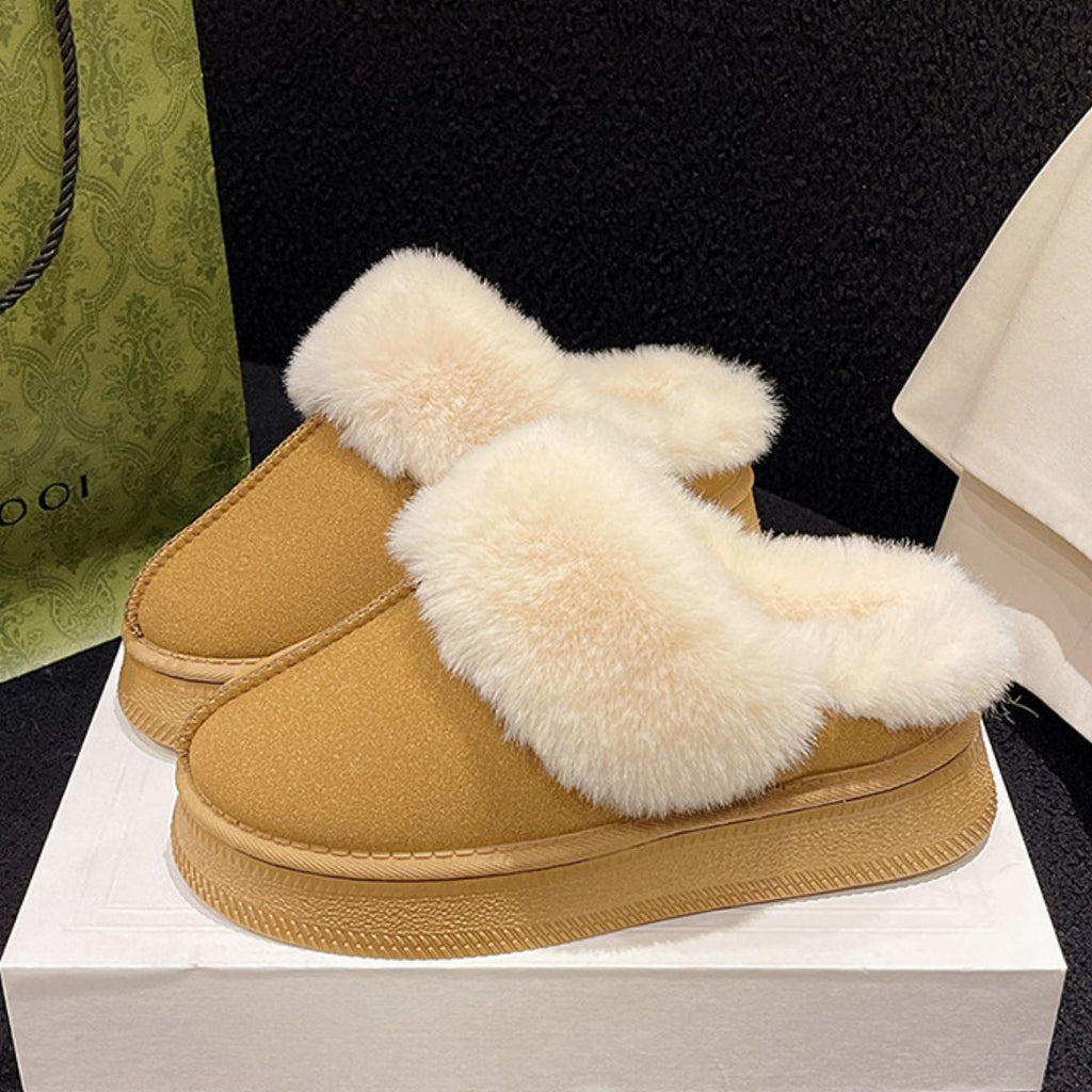 Suede Faux Fur Round Toe Platform Slippers - S. M. & Co.