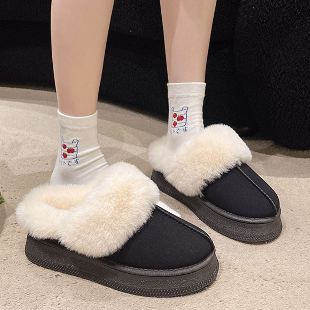 Suede Faux Fur Round Toe Platform Slippers - S. M. & Co.