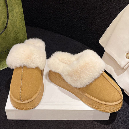 Suede Faux Fur Round Toe Platform Slippers - S. M. & Co.