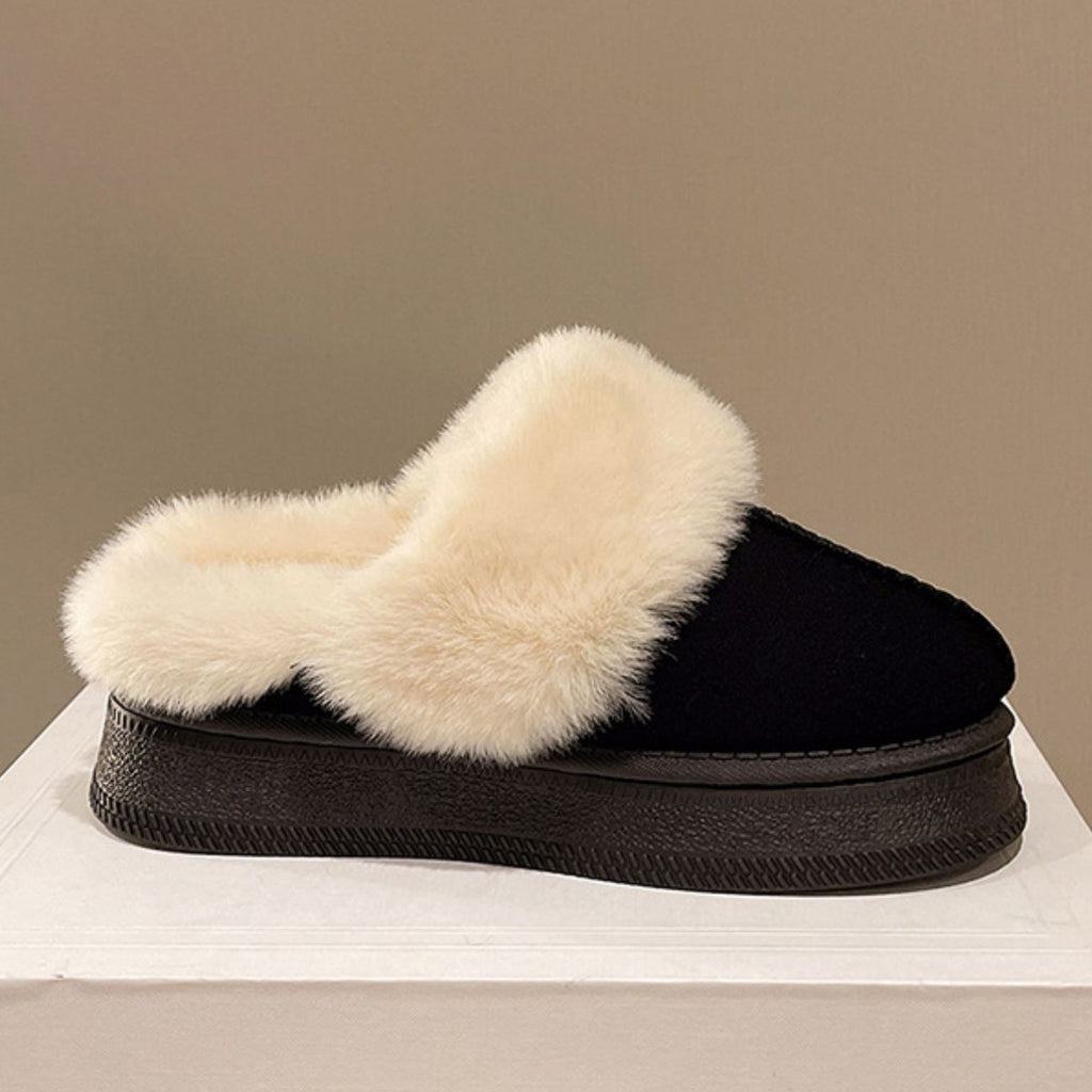 Suede Faux Fur Round Toe Platform Slippers - S. M. & Co.