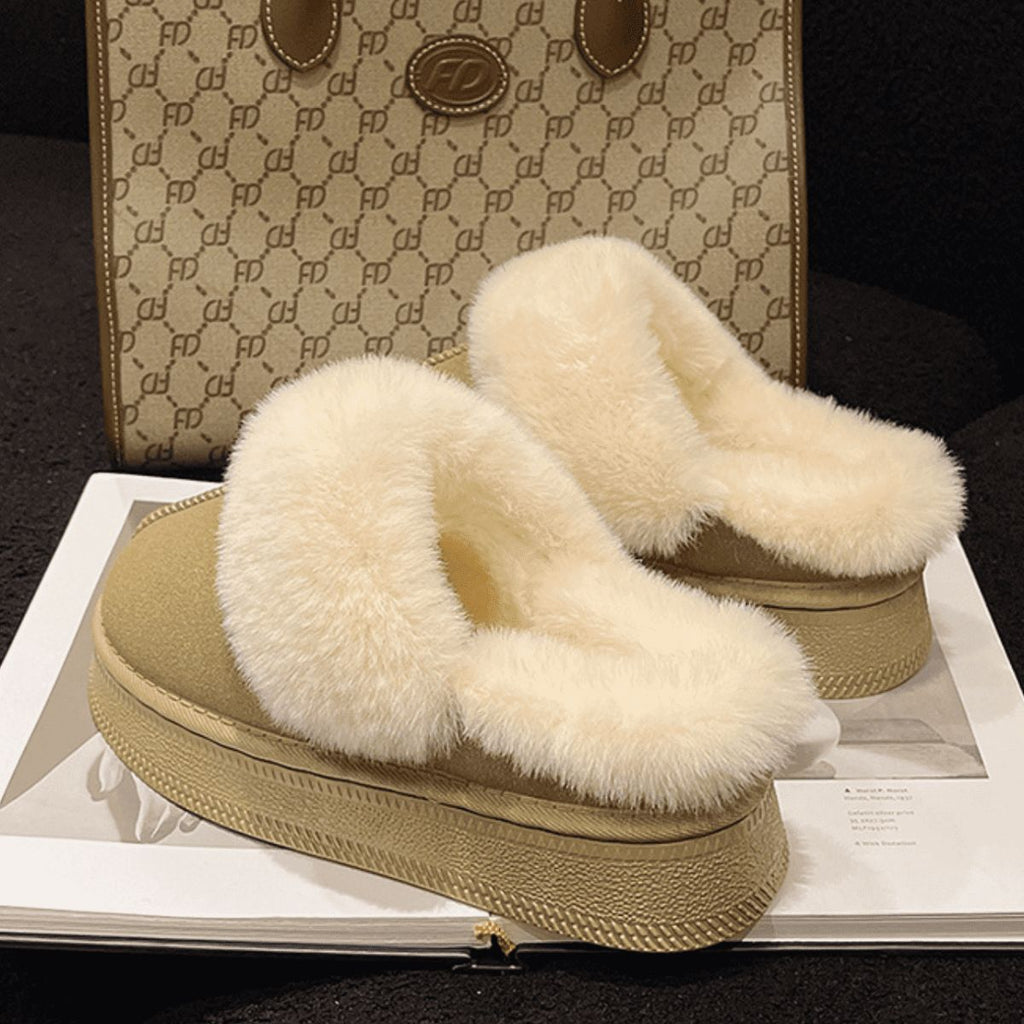 Suede Faux Fur Round Toe Platform Slippers - S. M. & Co.