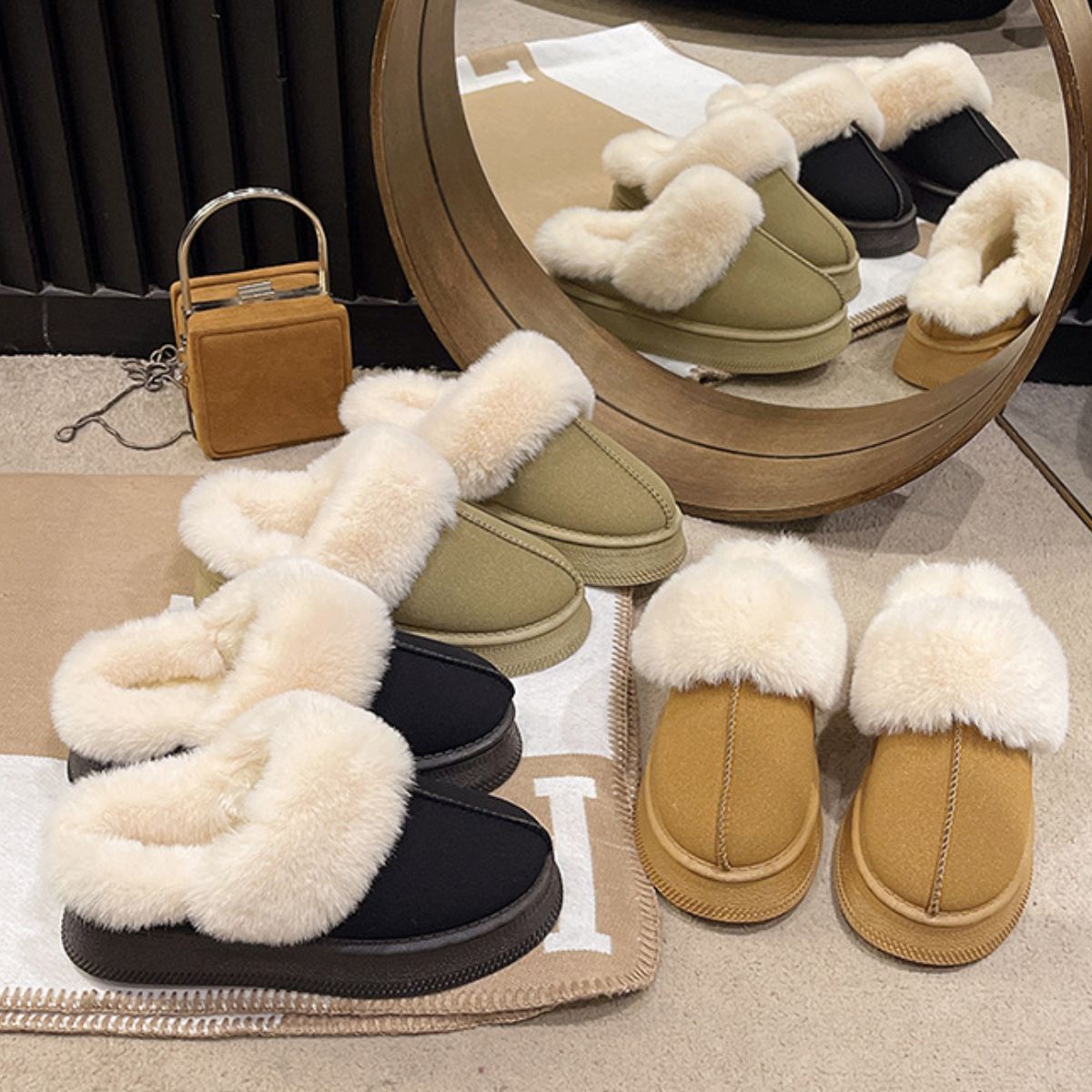 Suede Faux Fur Round Toe Platform Slippers - S. M. & Co.