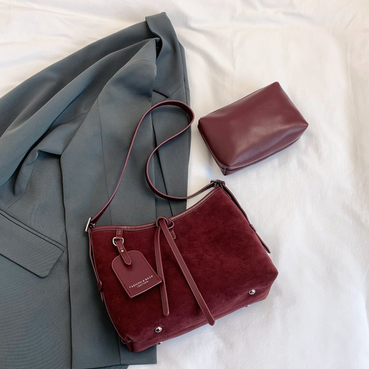 Suede Shoulder Bag and PU Leather Clutch 2 Piece Set - S. M. & Co.