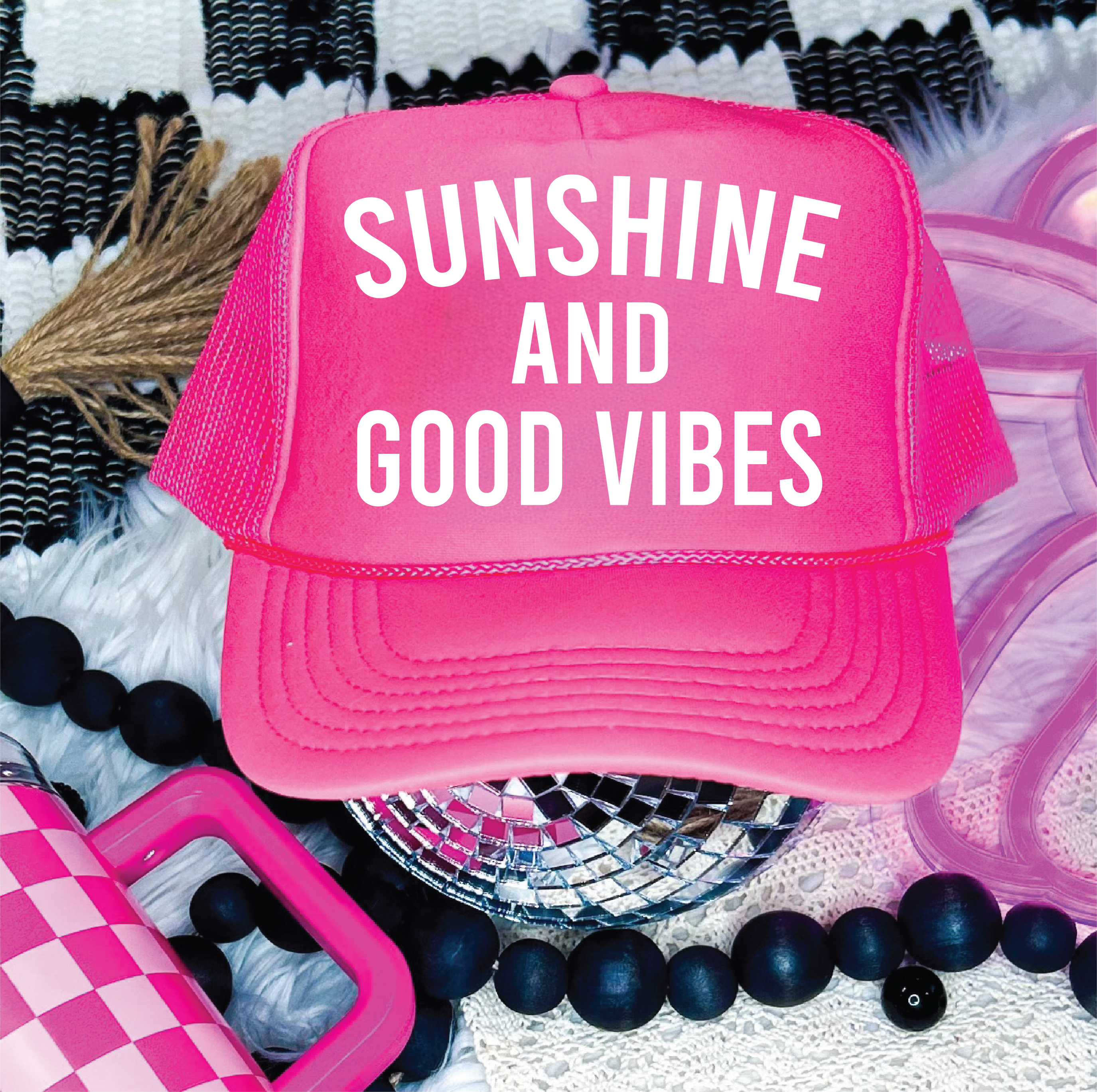 Sunshine and Good Vibes DTF Printed Neon Pink Trucker Hat