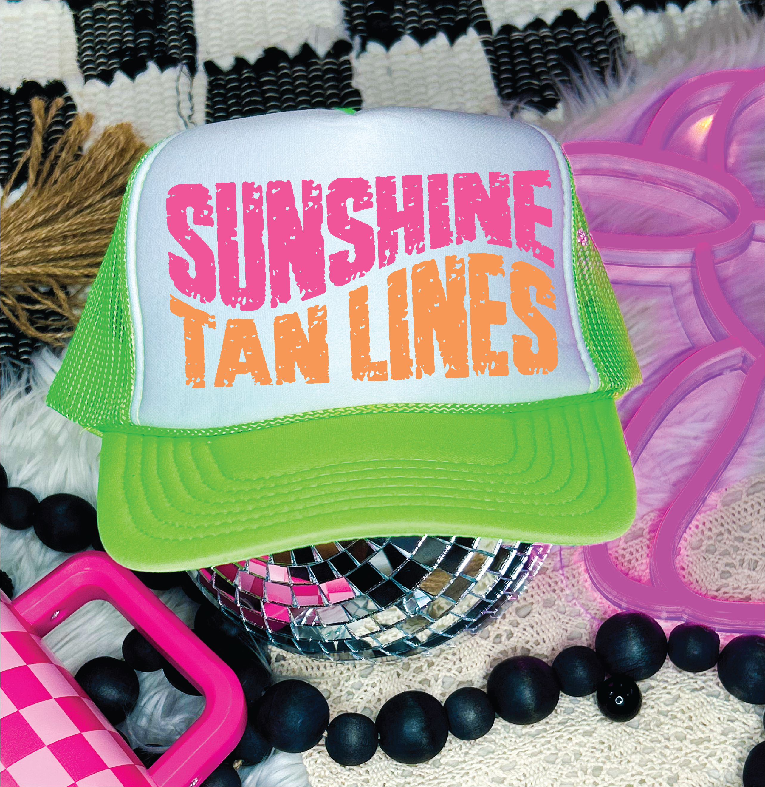 Sunshine and Tanlines DTF Printed Neon Green & White Trucker Hat