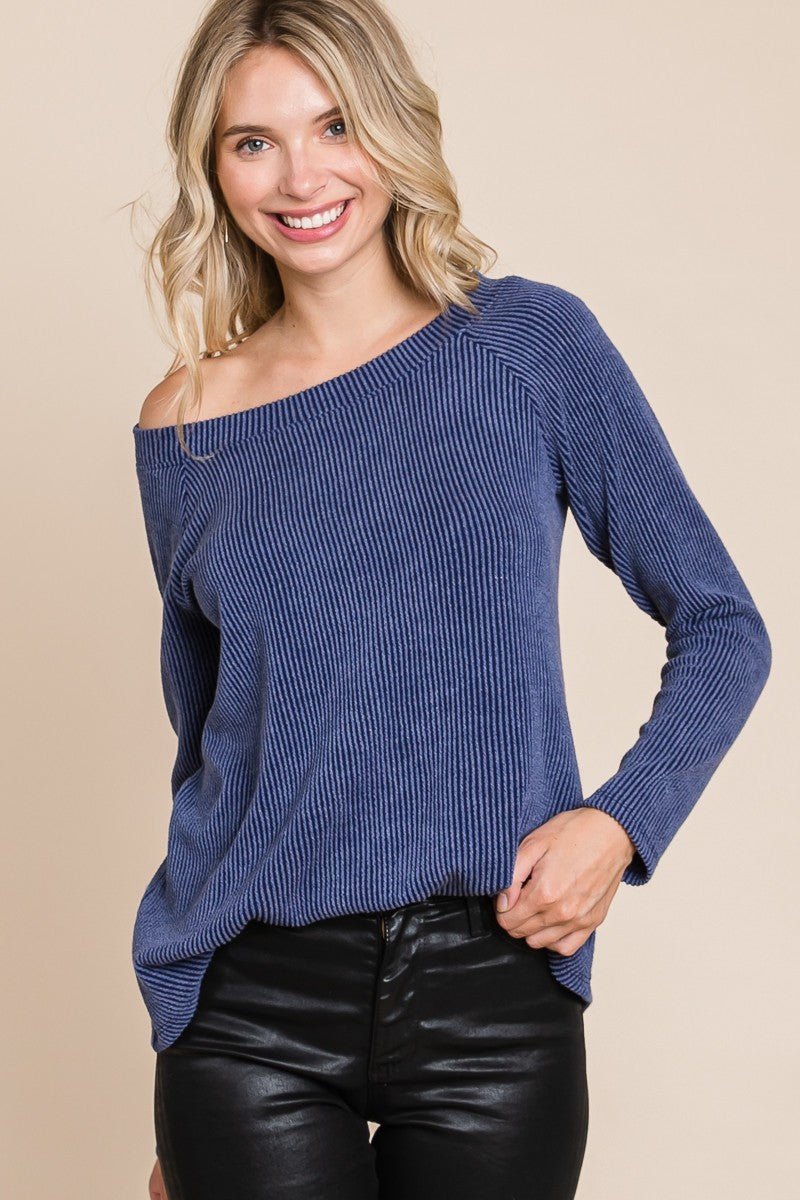 Super Lady Full Size Rib Texture Boat Neck Top - S. M. & Co.