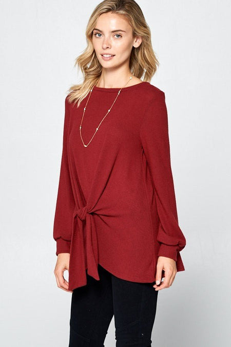 Super Lady Full Size Round Neck Knot Front Hacci Blouse - S. M. & Co.