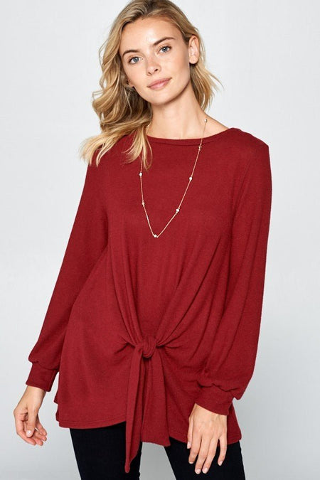 Super Lady Full Size Round Neck Knot Front Hacci Blouse - S. M. & Co.