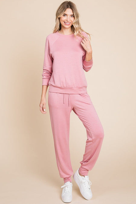 Super Lady Round Neck Raglan Sleeve Top and Drawstring Pants Lounge Set - S. M. & Co.