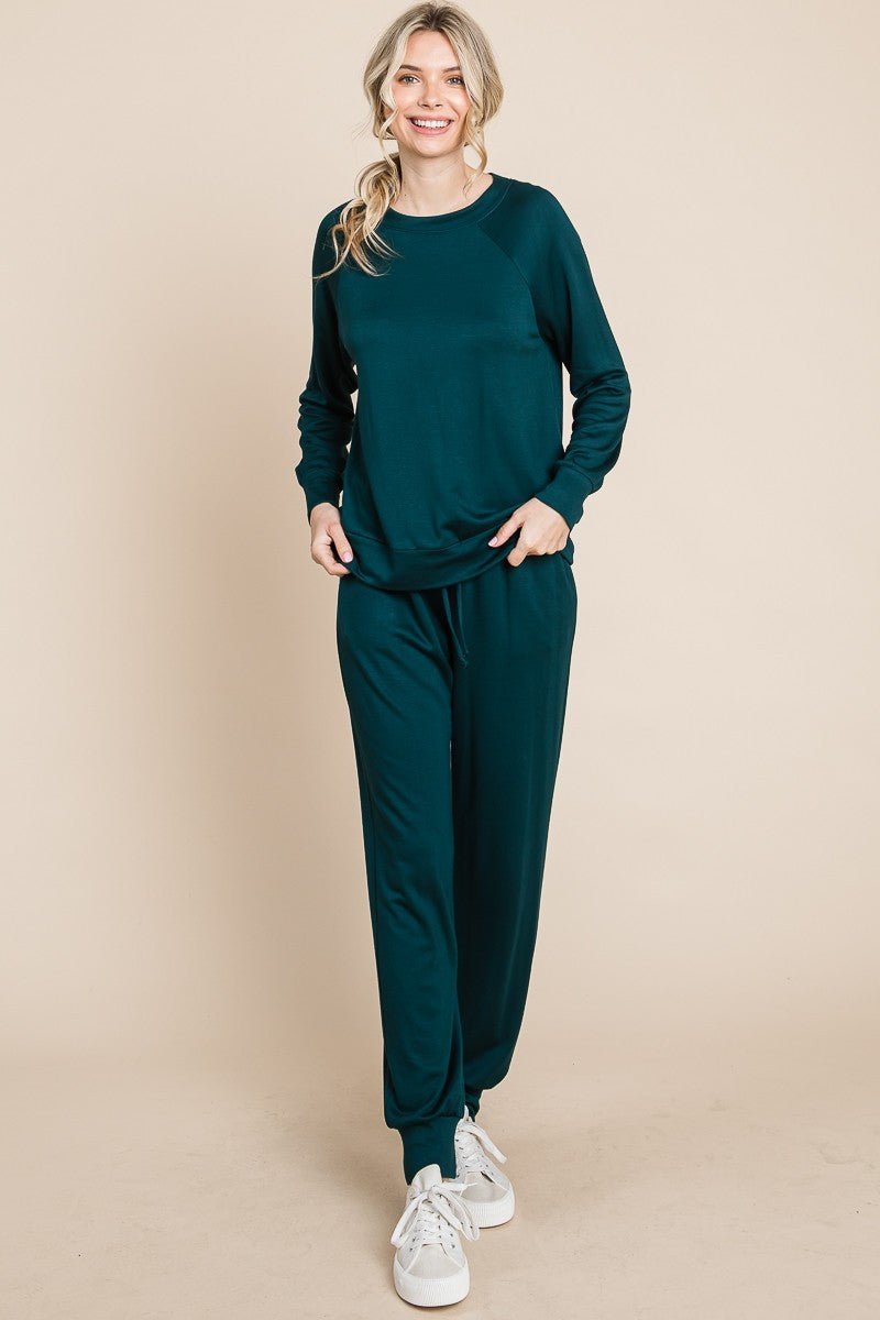 Super Lady Round Neck Raglan Sleeve Top and Drawstring Pants Lounge Set - S. M. & Co.