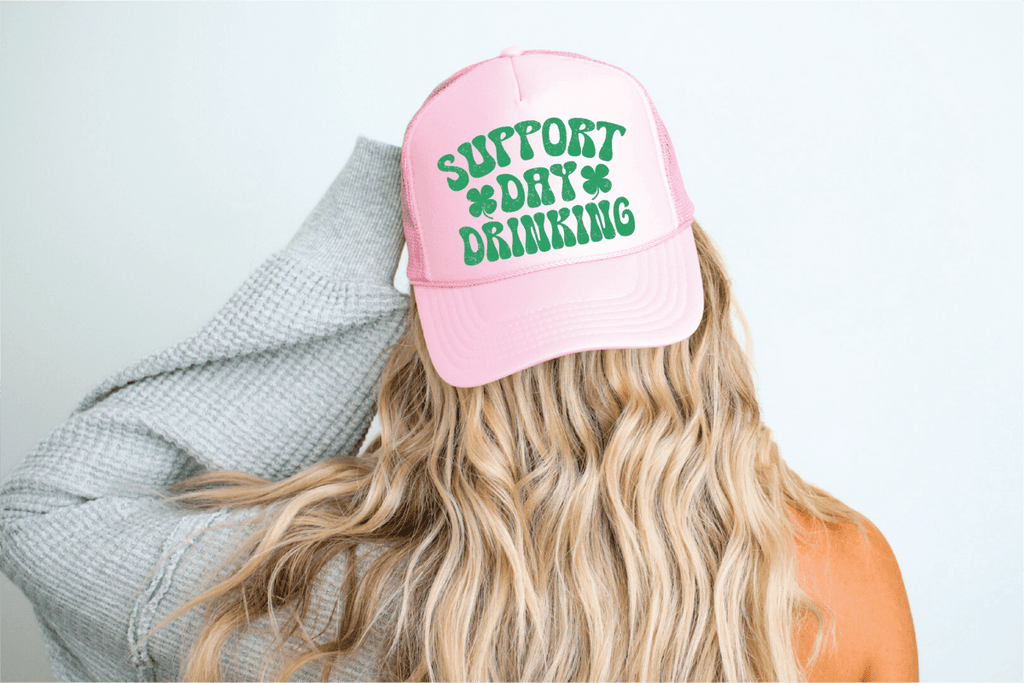 Support Day Drinking DTF Printed Pink Trucker Hat - S. M. & Co.