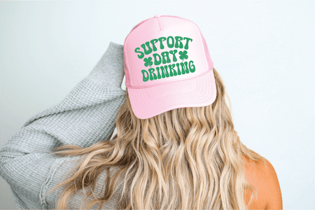 Support Day Drinking DTF Printed Pink Trucker Hat - S. M. & Co.