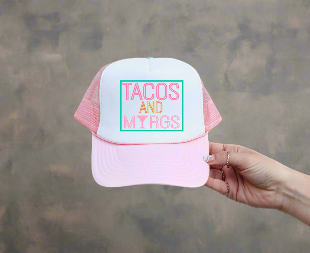 Tacos and Margs DTF Printed Light Pink & White Trucker Hat