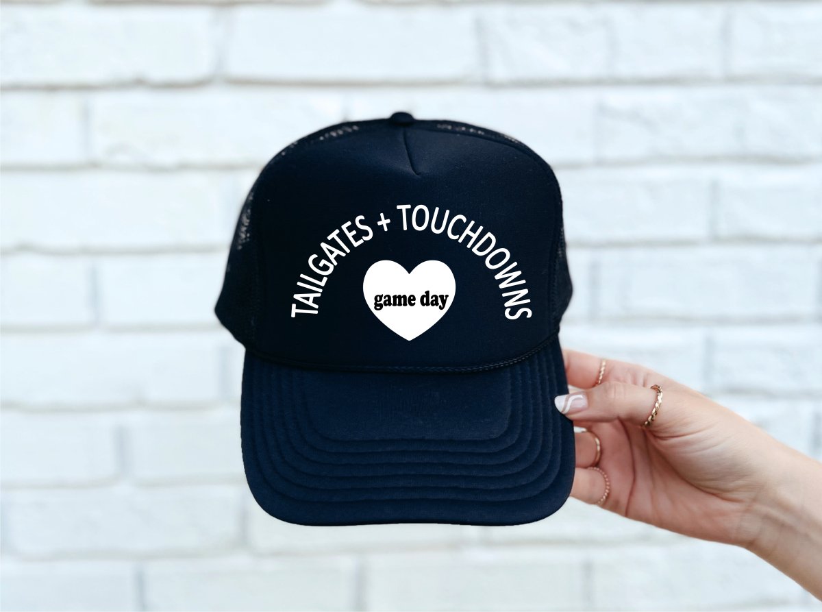 Tailgates + Touchdowns DTF Printed Black Trucker Hat - S. M. & Co.