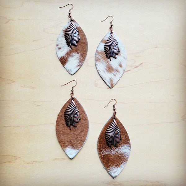 Tan & White Leather Hide Earrings w/ Indian - S. M. & Co.