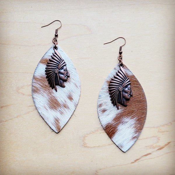 Tan & White Leather Hide Earrings w/ Indian - S. M. & Co.