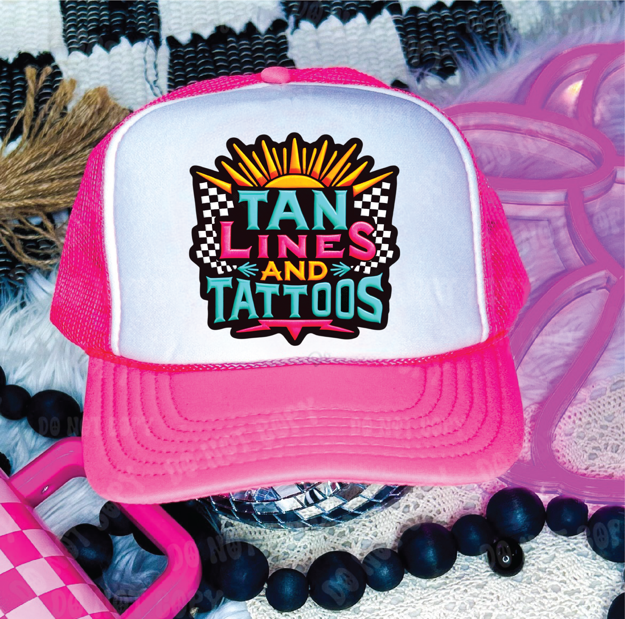 Tanlines and Tattoos DTF Printed Neon Pink & White Trucker Hat