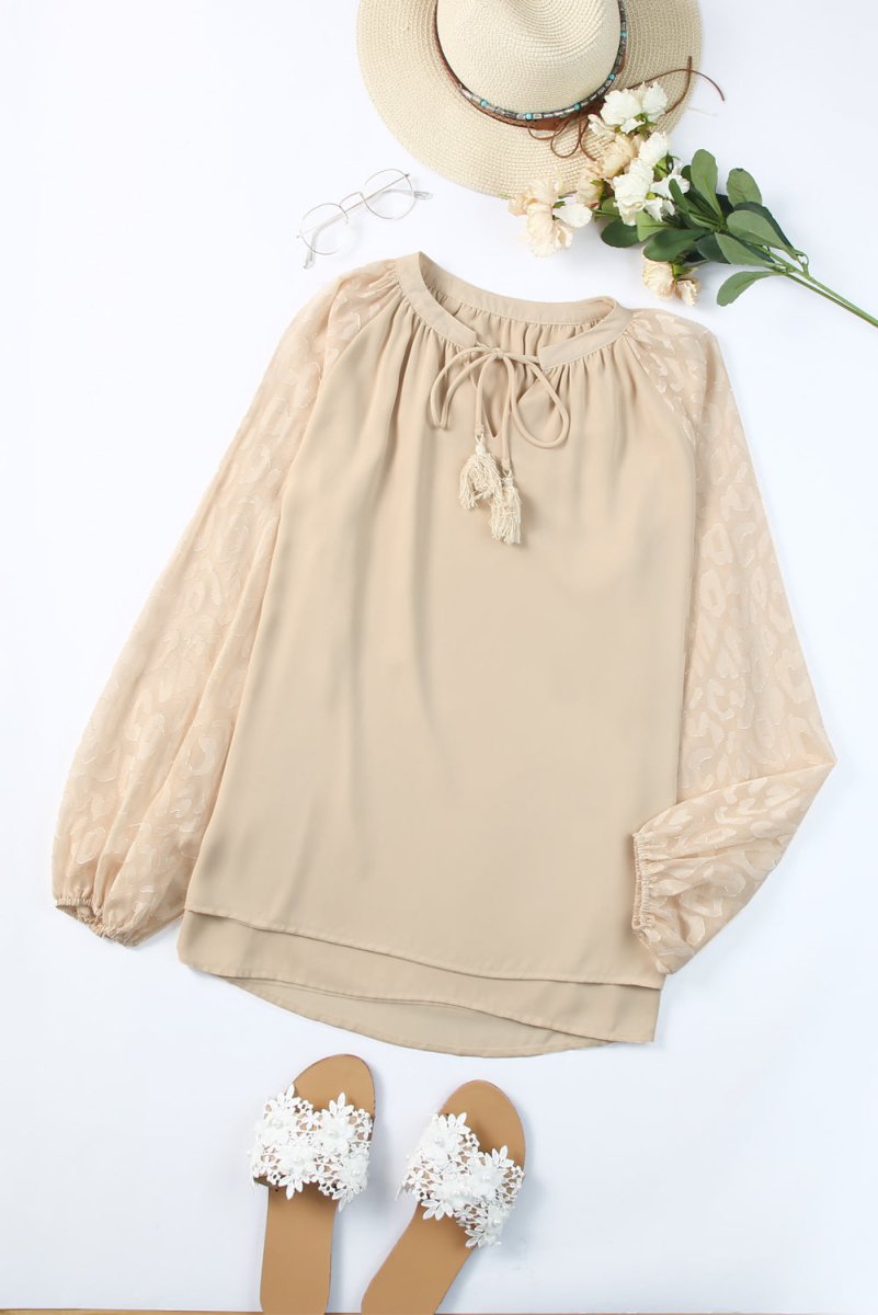 Tassel Tie Neck Long Sleeve Blouse - S. M. & Co.