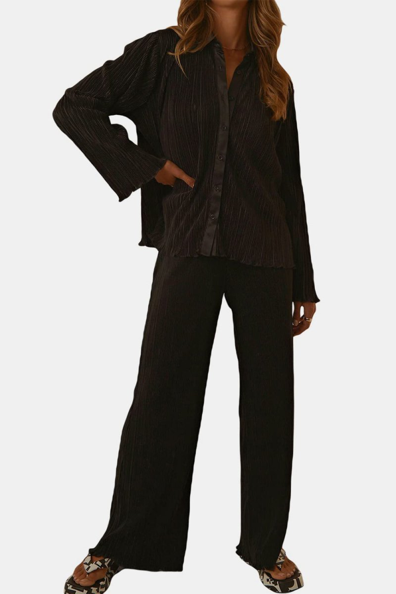 Textured Button Up Collared Neck Top and Pants Set - S. M. & Co.