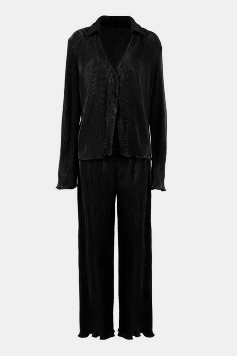 Textured Button Up Collared Neck Top and Pants Set - S. M. & Co.