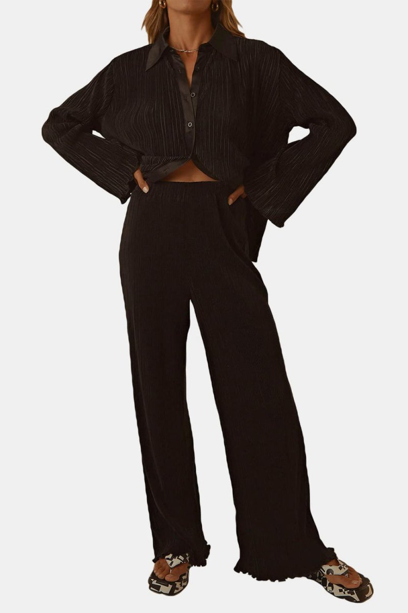 Textured Button Up Collared Neck Top and Pants Set - S. M. & Co.