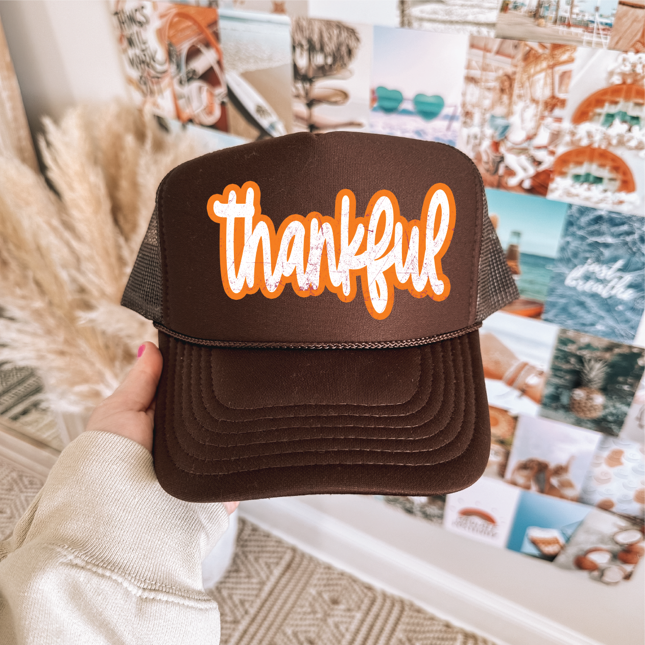 Thankful in oraange on a Brown Hat