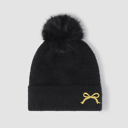 Thermal Bow Knit Hat with Pompom - S. M. & Co.