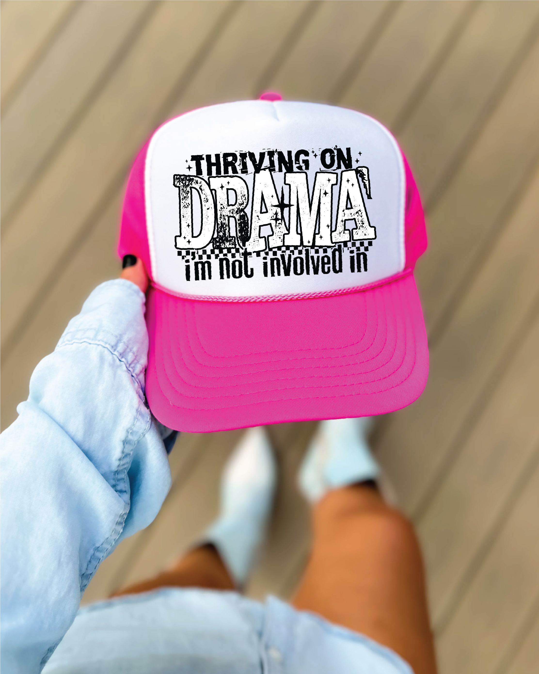 Thriving on Drama DTF Printed Hot Pink and White Trucker Hat