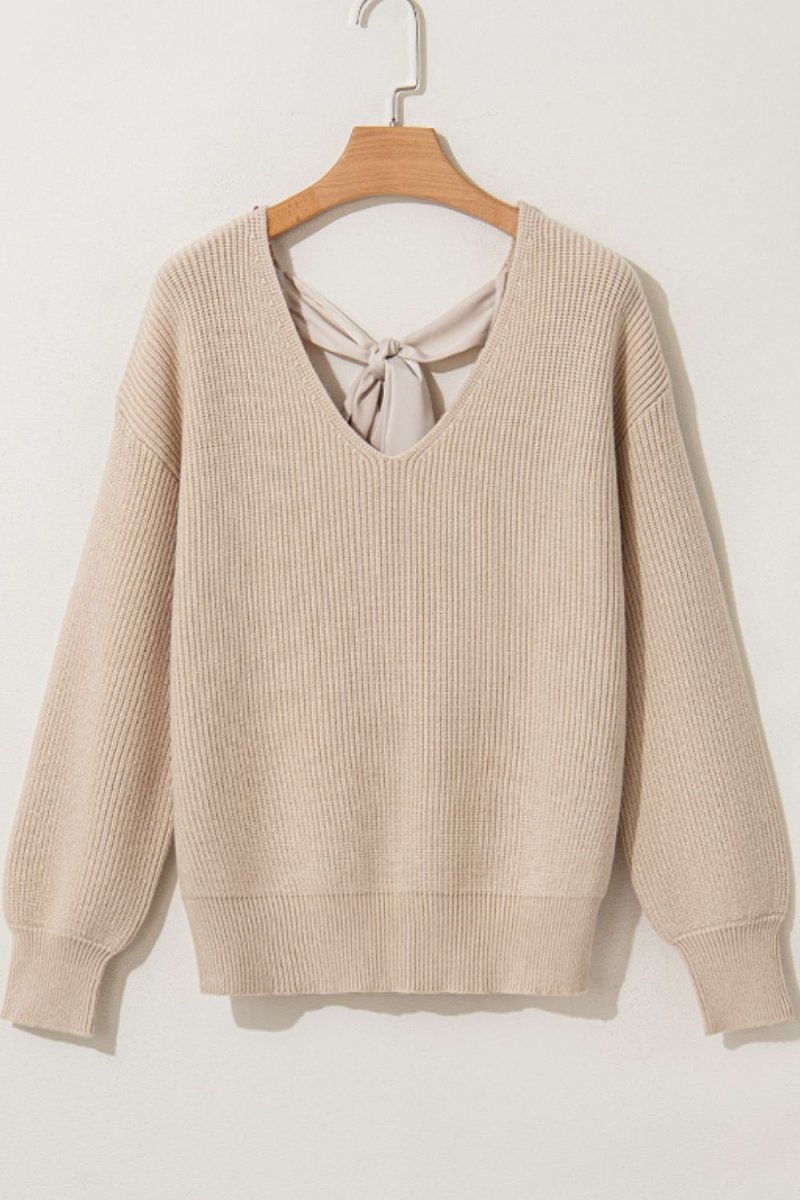 Tied Back V - Neck Long Sleeve Sweater - S. M. & Co.