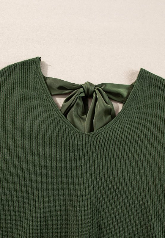 Tied Back V - Neck Long Sleeve Sweater - S. M. & Co.