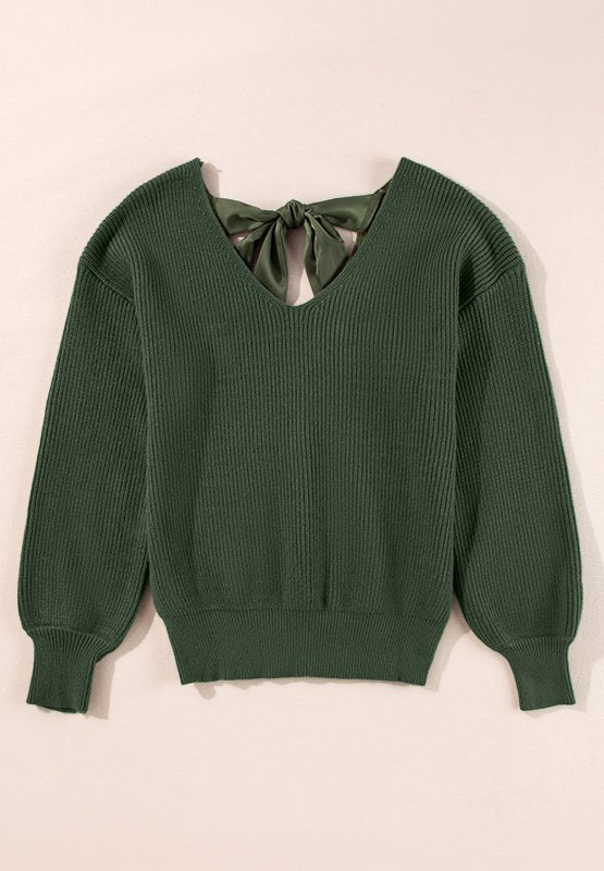 Tied Back V - Neck Long Sleeve Sweater - S. M. & Co.