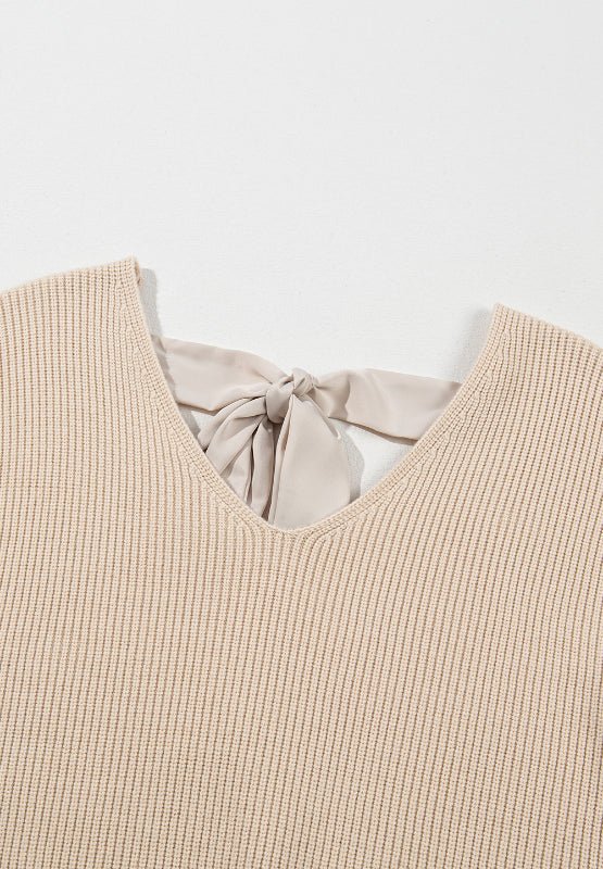 Tied Back V - Neck Long Sleeve Sweater - S. M. & Co.