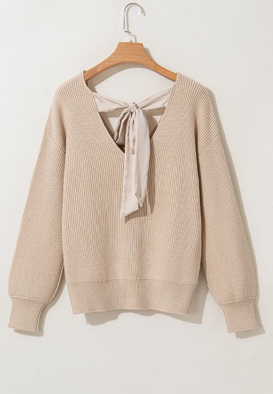 Tied Back V - Neck Long Sleeve Sweater - S. M. & Co.