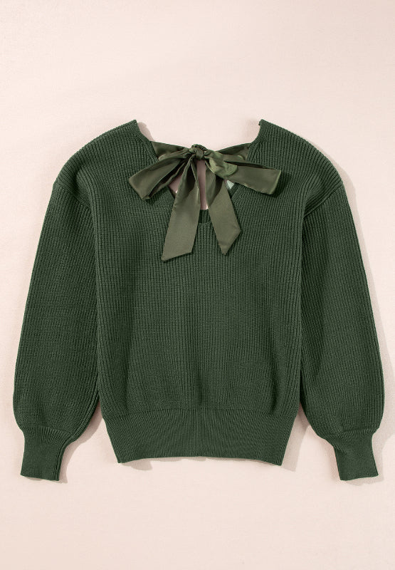 Tied Back V - Neck Long Sleeve Sweater - S. M. & Co.