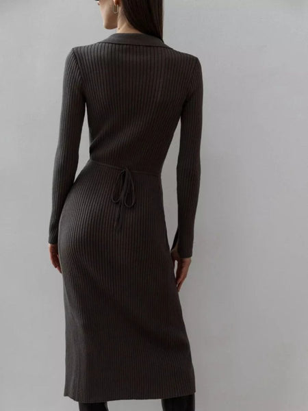 Tied Collared Neck Long Sleeve Sweater Dress - S. M. & Co.