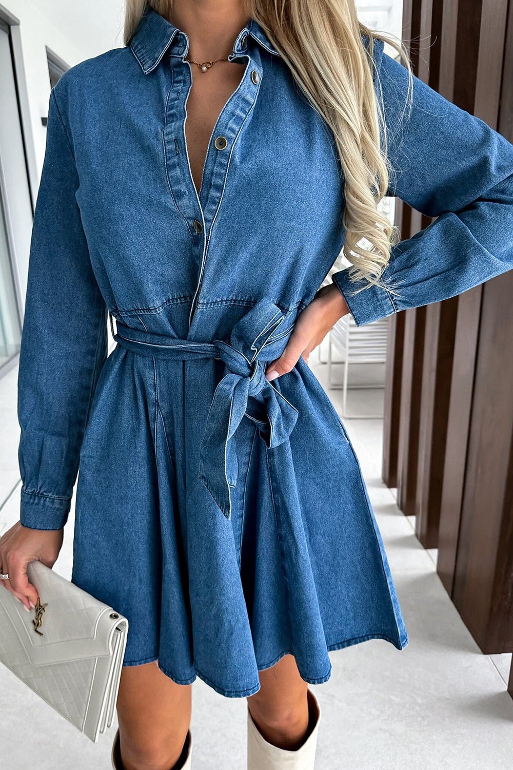 Tied Half Button Long Sleeve Denim Dress - S. M. & Co.