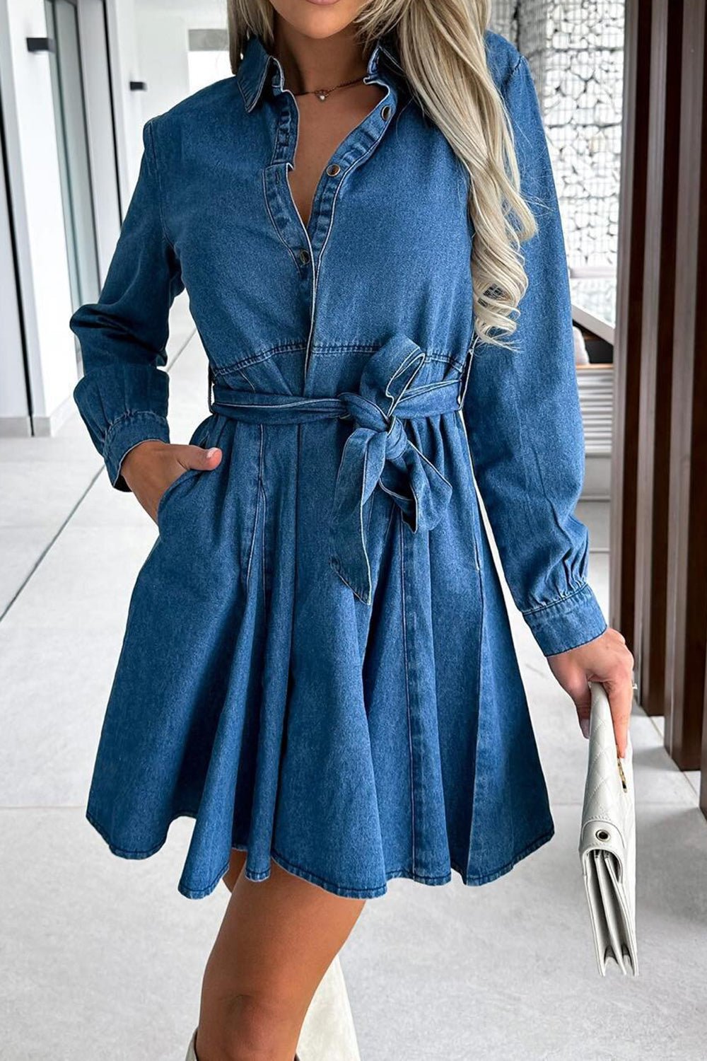 Tied Half Button Long Sleeve Denim Dress - S. M. & Co.