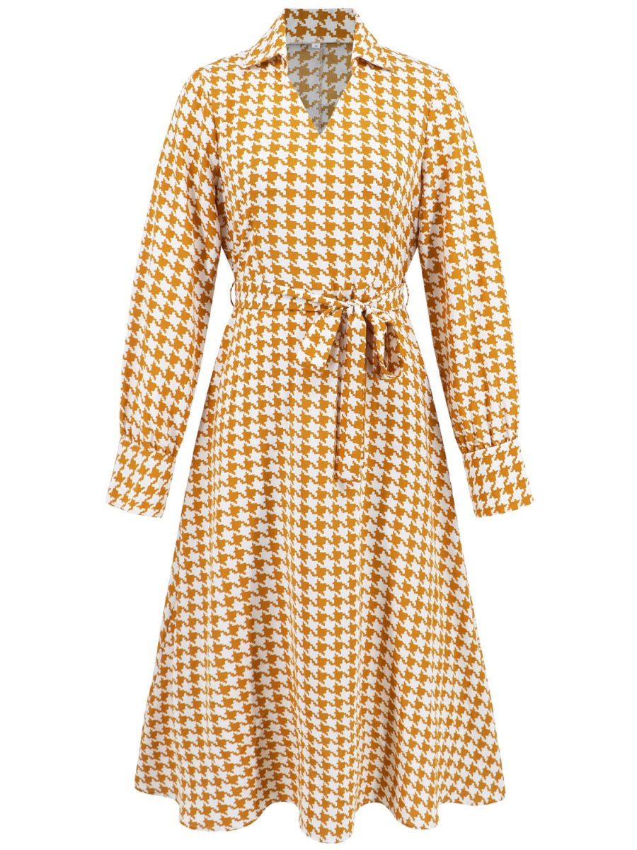 Tied Houndstooth Long Sleeve Midi Dress - S. M. & Co.